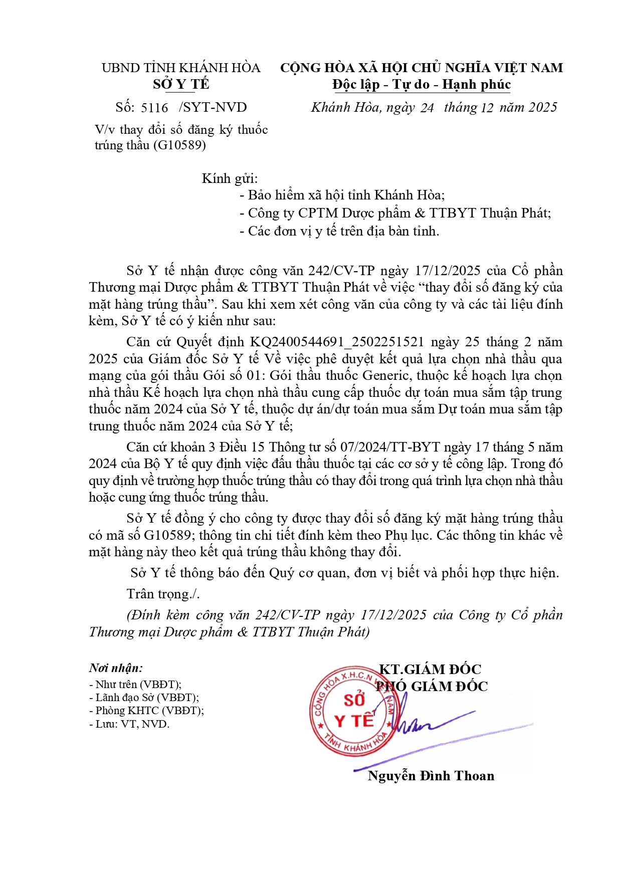 V/v thay đổi số đăng ký thuốc trúng thầu (G10589)